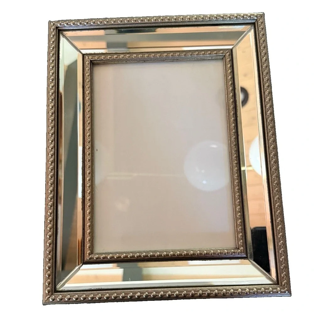 Mirrored 5x7 Photo Frame Beveled Glass Champagne Gold Beaded Trim Vintage Glam